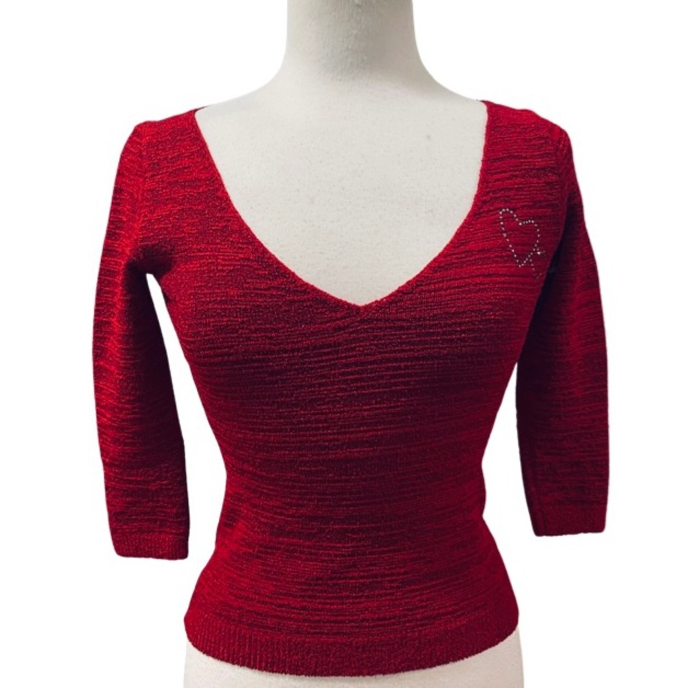 New BETTE PAIGE deep Ruby Red Bodycon Crystal Hearts Knit Top S/M